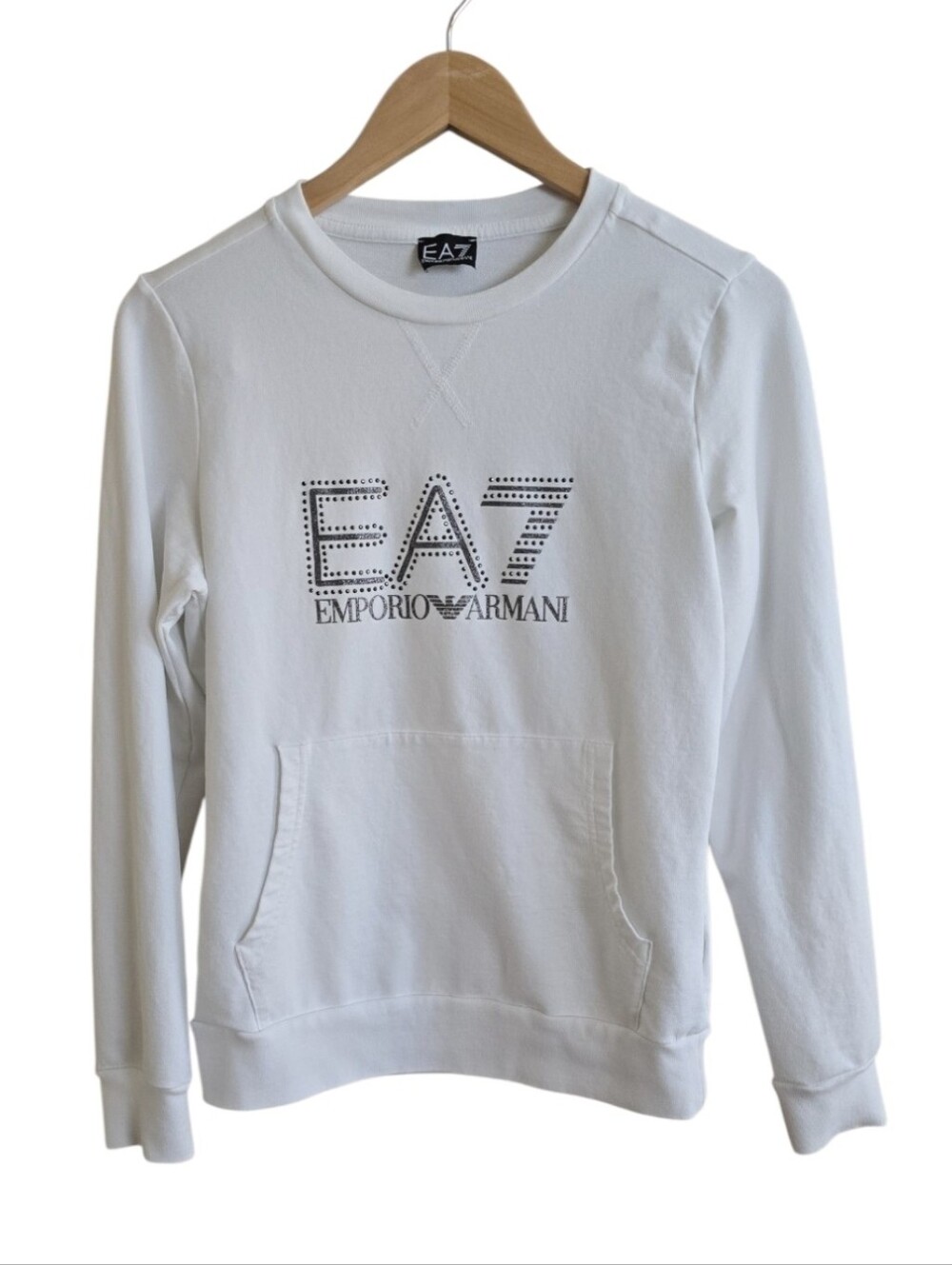 Emporio Armani Studded Logo Kangaroo Pocket White Crewneck Sweatshirt. SZ Medium